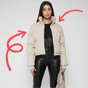 Maniere De Voir Ribbed Vegan Leather Puffer Jacket - Beige